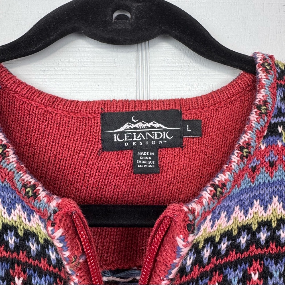 Icelandic Design Red Pattern Full Zip Sweater Fair Isle Tassel Accent Silk Blend - Picture 6 of 7